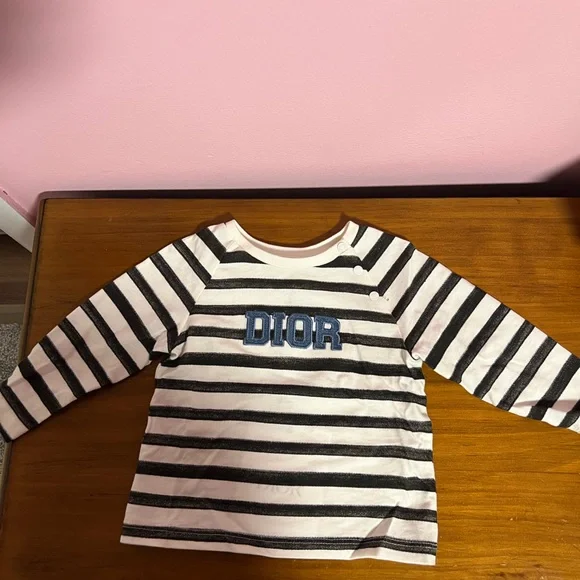 Brand New Dior Baby Long Sleeve T-Shirt Ivory Cotton Jersey with Black Stripes - Picture 3 of 4